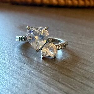 Silver Two-Stone Heart and Round CZ Open Ring - Silver